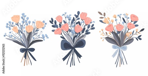 Obraz na płótnie Set of spring flower bouquets with a bow, isolated on a white background. Flat design illustration, in a cartoon style, with minimalism and simple shapes. w salonie