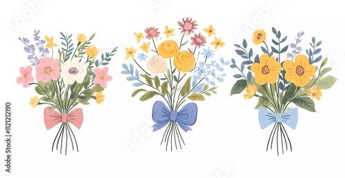Obraz na płótnie Set of spring flower bouquets with a bow, isolated on a white background. Flat design illustration, in a cartoon style, with minimalism and simple shapes. w salonie