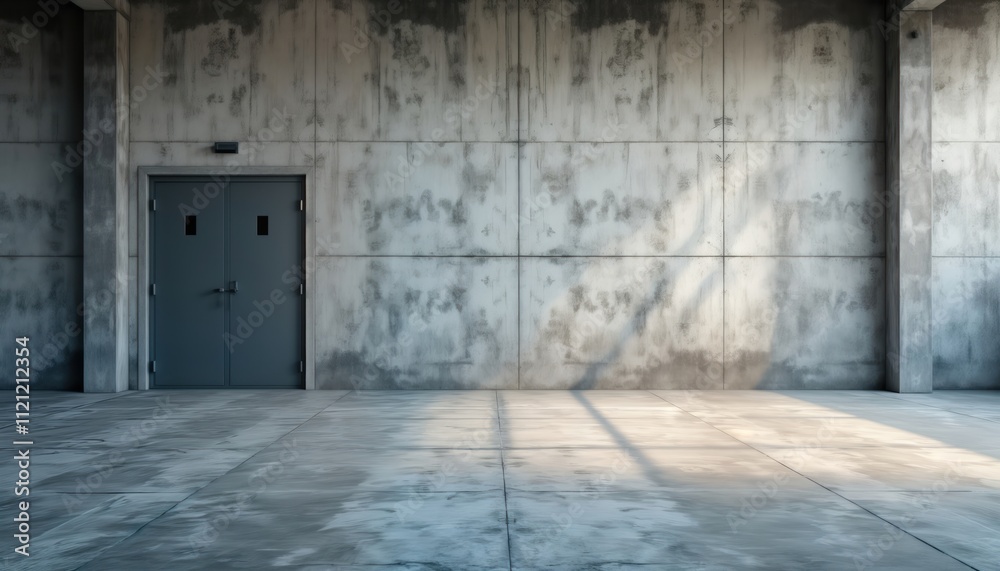 Empty concrete floor with closed grey door. Modern industrial interior. Sunlight casts shadows on floor. Suitable for product display industrial background. Warehouse workshop setting. Commercial Empty concrete floor with closed grey door. Modern industrial interior. Sunlight casts shadows on floor. Suitable for product display industrial background. Warehouse workshop setting. Commercial