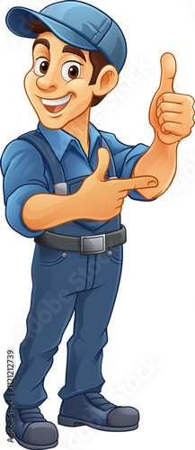 A handyman, mechanic or painter decorator mascot man. Or perhaps an electrician, plumber or gardener giving a thumbs up and pointing, Could also be a window cleaner.