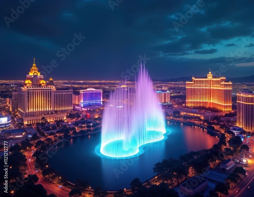 Aerial view of Las Vegas skyline at night. Colorful fountain in center of city. Hotels, casinos illuminated. Busy city streets show nightlife activity. Luxury, vibrant atmosphere. Photo of