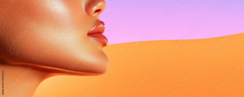A close-up profile of a woman's face with glowing skin, set against a gradient background of orange sand and a purple sky. A close-up profile of a woman's face with glowing skin, set against a gradient background of orange sand and a purple sky.