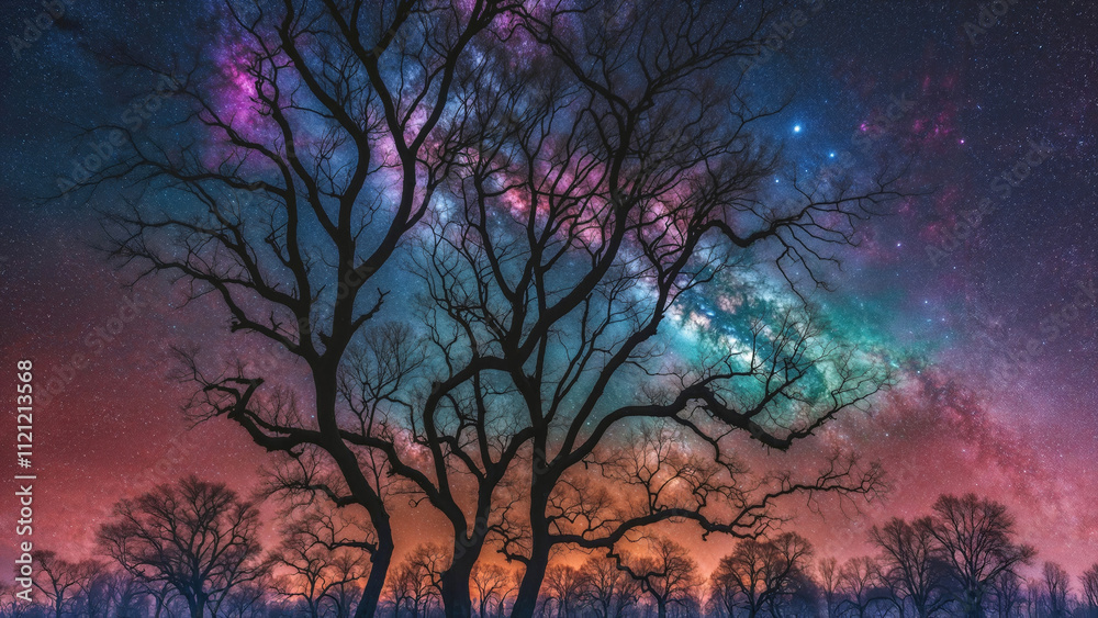 A silhouette of bare trees stands against a vibrant night sky filled with swirling colors of purple, blue, and green, accentuated by bright stars. A silhouette of bare trees stands against a vibrant night sky filled with swirling colors of purple, blue, and green, accentuated by bright stars.