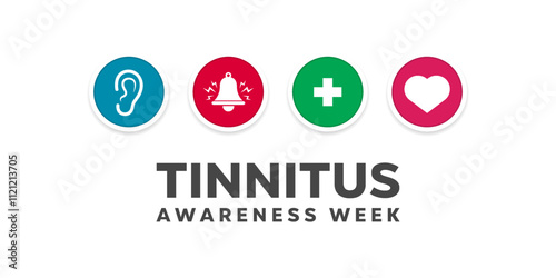 Tinnitus Awareness Week. Ear, bell and more. Great for cards, banners, posters, social media and more. White background.  