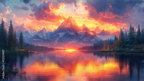 Jagged Peaks Glowing in Sunset Colors Over a Lake