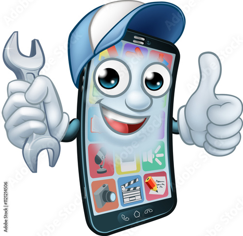 A mobile phone repair service or perhaps plumber or mechanic app cartoon character mascot holding spanner and giving a thumbs up.