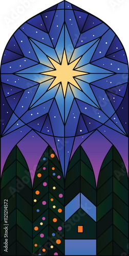 Illustration in stained glass style the Christmas Star of Bethlehem Christmas Holy night church windows frames winter landscape