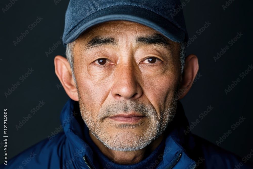 中年男性が真剣な表情でカメラを見つめる、淡い背景のあるポートレート 中年男性が真剣な表情でカメラを見つめる、淡い背景のあるポートレート
