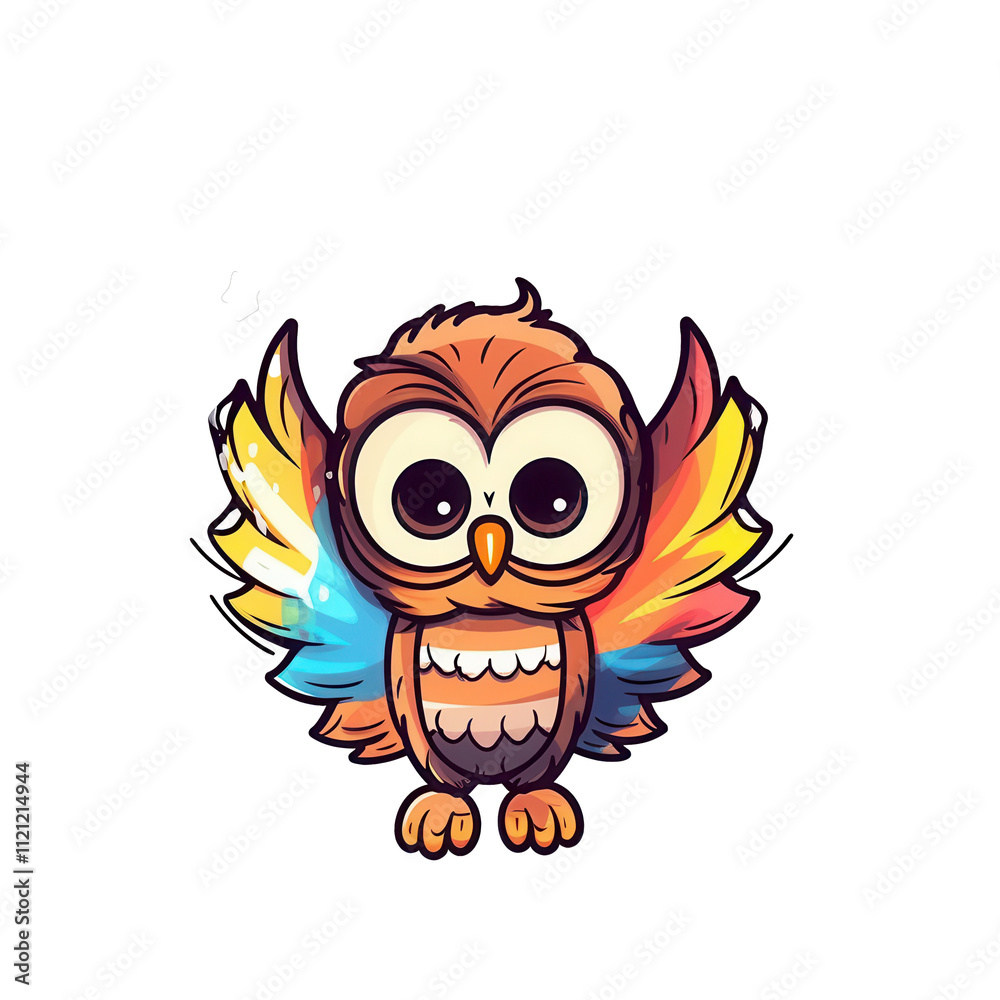 Fototapeta premium A colorful cartoon owl with vibrant wings, exuding a playful and whimsical charm.