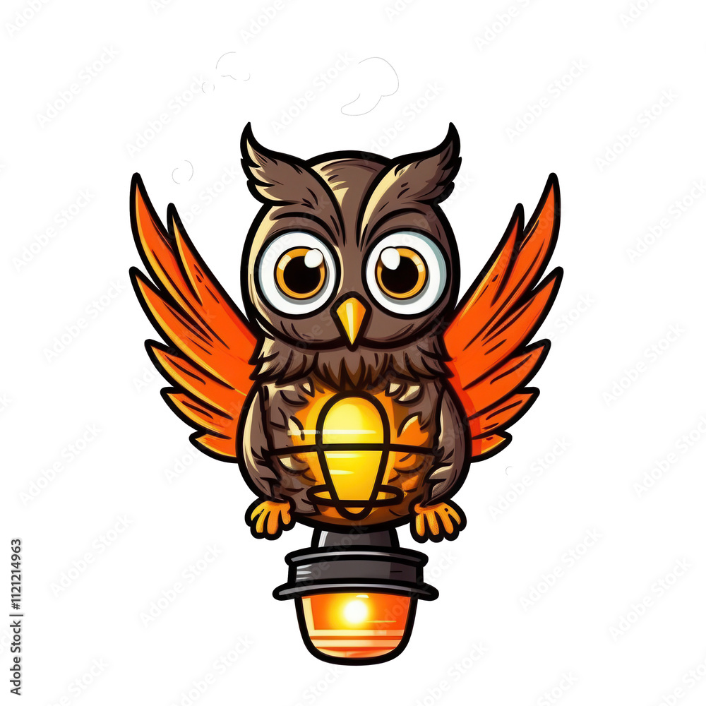 A cute cartoon owl with orange wings perched on a glowing lantern. Perfect for whimsical designs. A cute cartoon owl with orange wings perched on a glowing lantern. Perfect for whimsical designs.