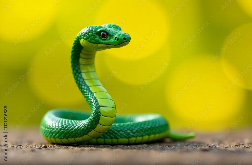 Fototapeta premium Wooden Green snake figurine on front of a yellow background. 2025 symbol of the year