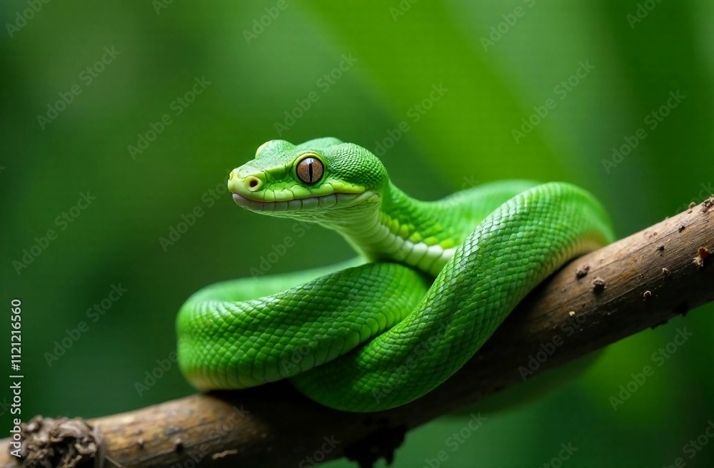 Green snake on a branch close up. 2025 symbol of the year