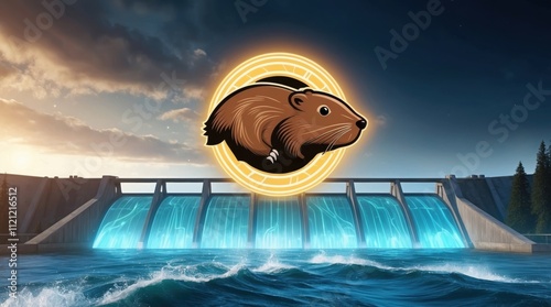 Holographic emblem of a beaver at a dam under sunset digital art nature scenic view conceptual representation photo