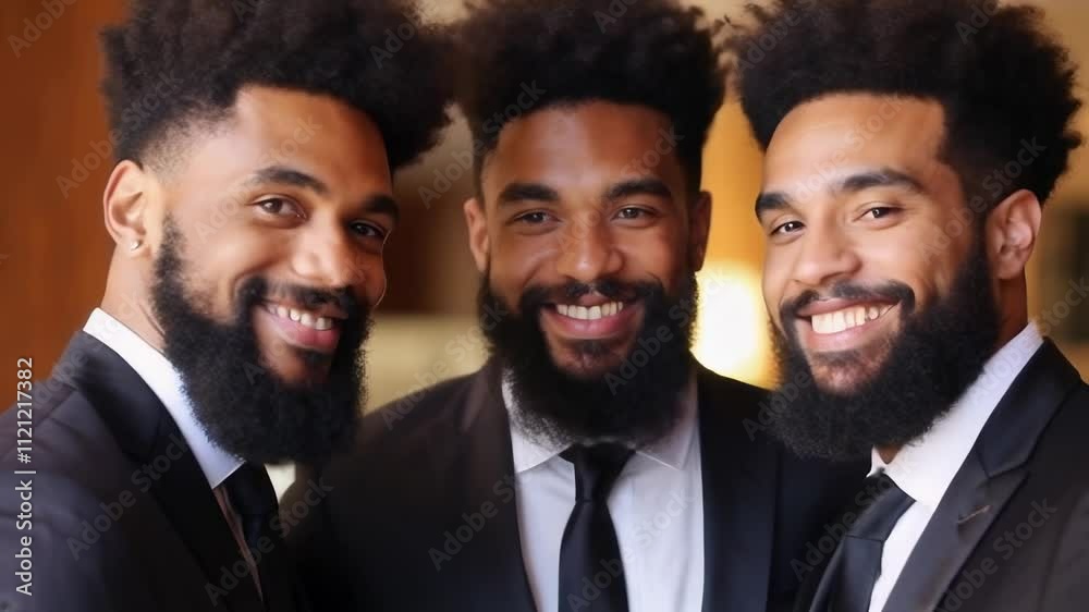 Three confident businessmen smiling together in a professional setting Three confident businessmen smiling together in a professional setting