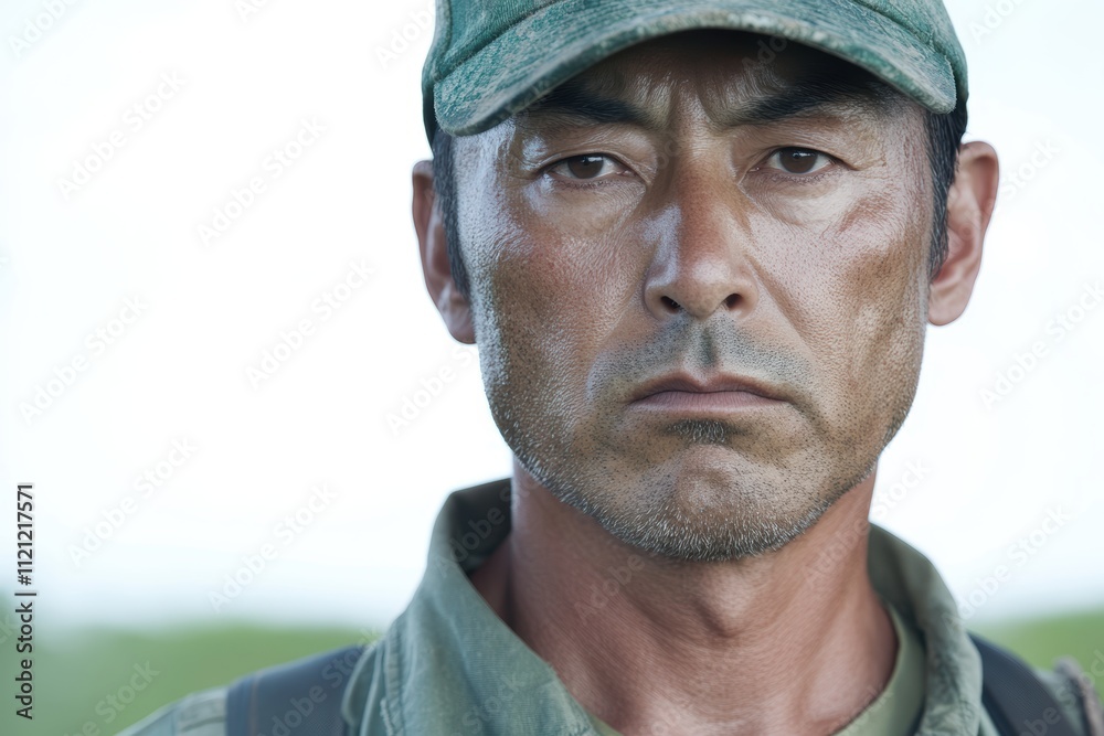 自然の中でたたずむ男の強い表情とその背景の風景 自然の中でたたずむ男の強い表情とその背景の風景