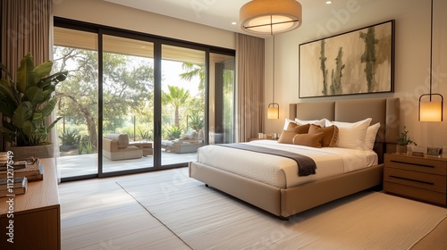 Elegant modern bedroom with a plush king-sized bed  sleek wooden furniture  and large glass doors that open onto a private terrace  flooding the room with natural light.
