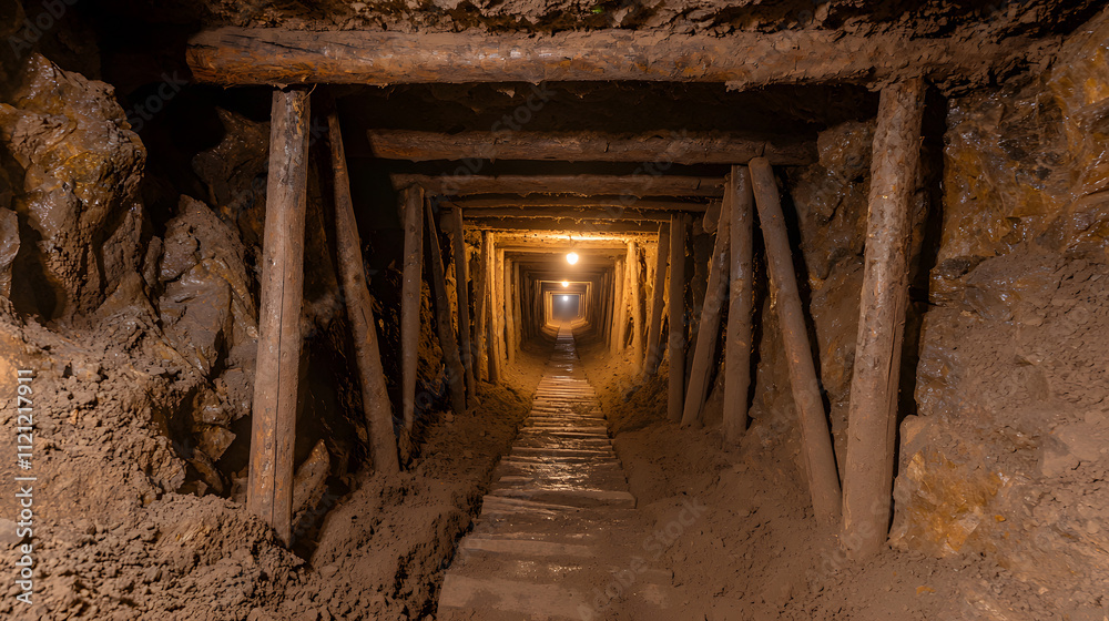 Dark, Narrow Mine Shaft with Wooden Beams, Illuminated by Eerie Light, Creating a Mysterious and Ominous Atmosphere in an Underground Setting Dark, Narrow Mine Shaft with Wooden Beams, Illuminated by Eerie Light, Creating a Mysterious and Ominous Atmosphere in an Underground Setting