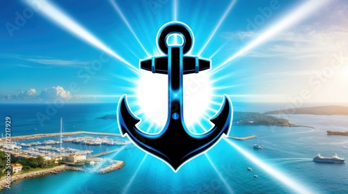 Holographic anchor emblem displayed over scenic coastal landscape digital art vibrant ocean view modern design concept photo