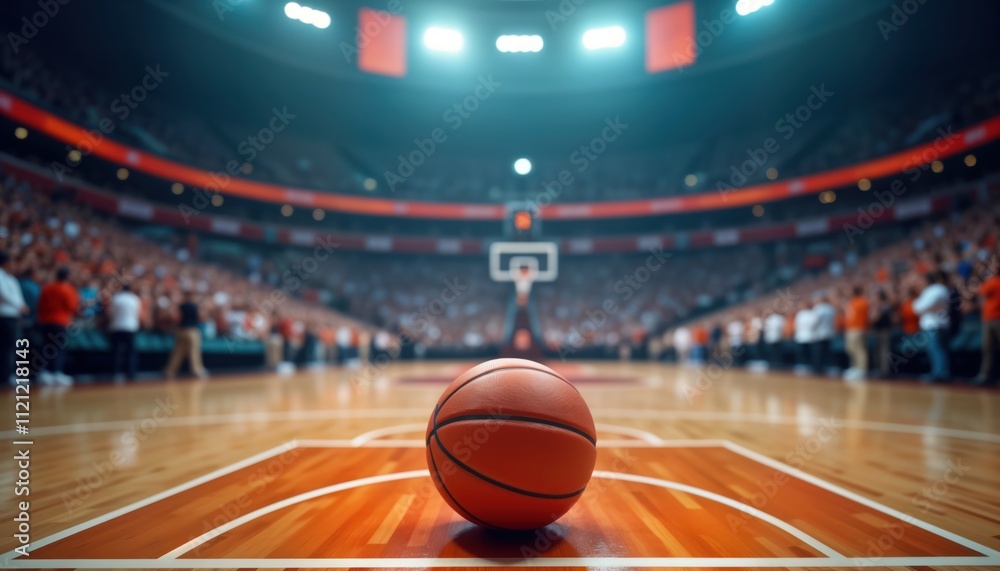 Energetic basketball arena filled with vibrant crowd. Fans in motion, excited before game. Banner area empty. Hardwood court ready for action. Indoor sport venue. Thrilling sports event. Athletic