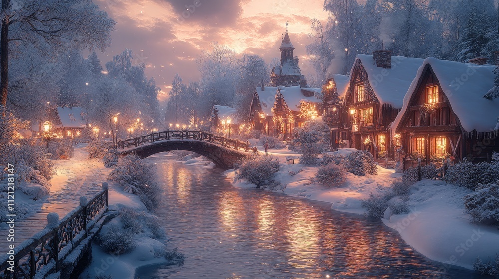 Fototapeta premium Peaceful River Winding Through a Snowy Mountain Village