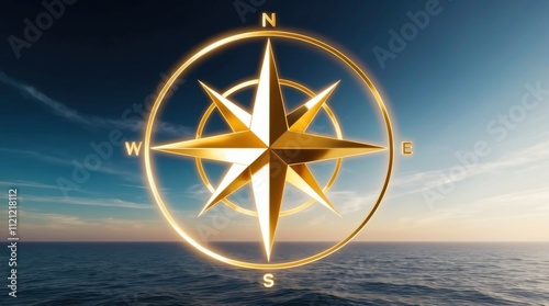 Holographic compass emblem displaying directional navigation over serene ocean landscape at sunset photo