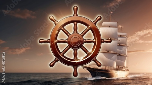 Holographic emblem of a ship's wheel nautical scene digital artwork sunset ocean creative viewpoint adventure concept photo