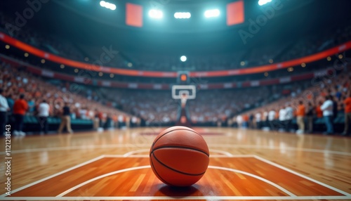 Obraz na płótnie Energetic basketball arena filled with vibrant crowd. Fans in motion, excited before game. Banner area empty. Hardwood court ready for action. Indoor sport venue. Thrilling sports event. Athletic w salonie