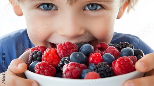 Child Eating a Bowl of Fresh Berries photo