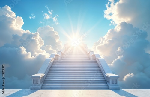 Grand white staircase leads upward through bright clouds to radiant sky. Sunlight shines brightly at top of staircase. Inspiring image suggests spiritual ascension, achieving success. Pathway to