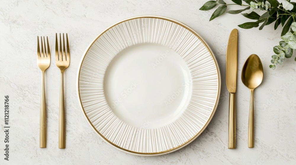 A sophisticated dining setup featuring a white plate with a textured rim, accompanied by gold utensils and greenery for an elegant touch. A sophisticated dining setup featuring a white plate with a textured rim, accompanied by gold utensils and greenery for an elegant touch.