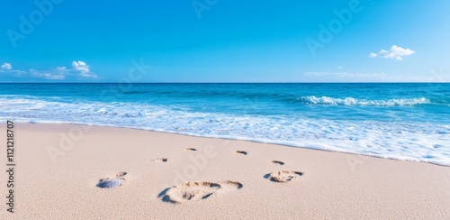 Tranquil Beach Escape: A serene vista of a pristine sandy beach stretches towards the horizon, embraced by a cerulean sky and gentle waves lapping at the shore.