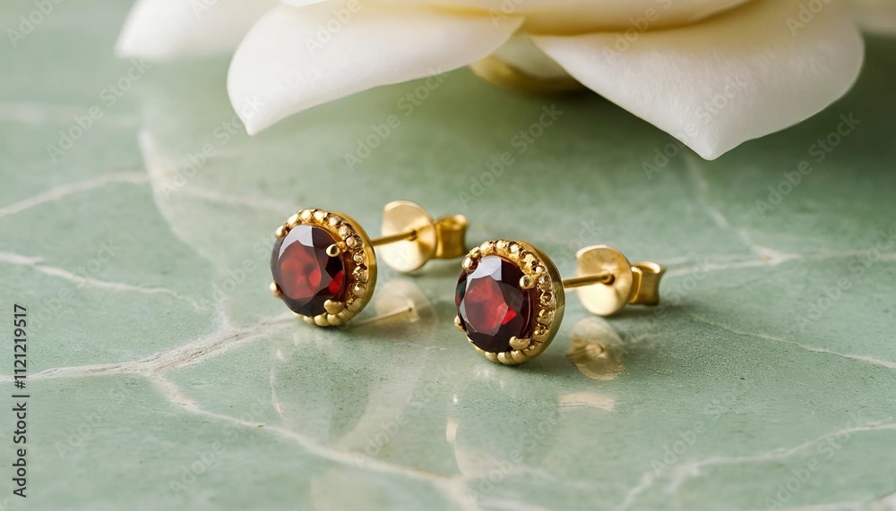 gold stud earrings with rubies on a green surface gold stud earrings with rubies on a green surface