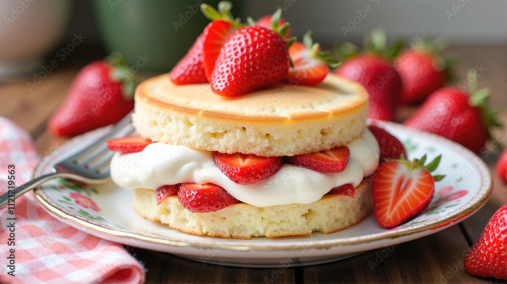 Fresh strawberry dessert layered with cream, sponge cake, and strawberry filling on a plate Fresh strawberry dessert layered with cream, sponge cake, and strawberry filling on a plate