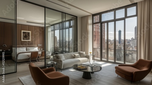 Luxurious bedroom with a glass partition separating a chic lounge area  floor-to-ceiling windows offering natural light  and contemporary furniture in a modernist style.