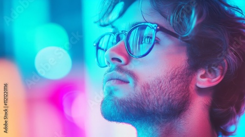 A man strikes a confident pose in a neon-lit studio, showcasing intense focus and a modern style with vibrant colors