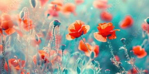 red poppies in a field in spring in nature on a turquoise background with soft macro blooming blue tone Meadow