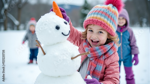 Children building a snowman in a winter landscape with bright colors and joyful expressions