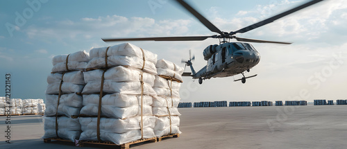 Emergency Supplies Delivered by Aerial Logistics via Helicopter, Showcasing a Critical Relief Operation in a Remote or Disaster-Stricken Area photo