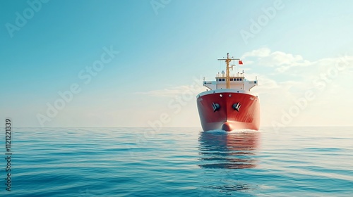 A vibrant red ship sailing peacefully on calm blue waters under a bright sky. photo