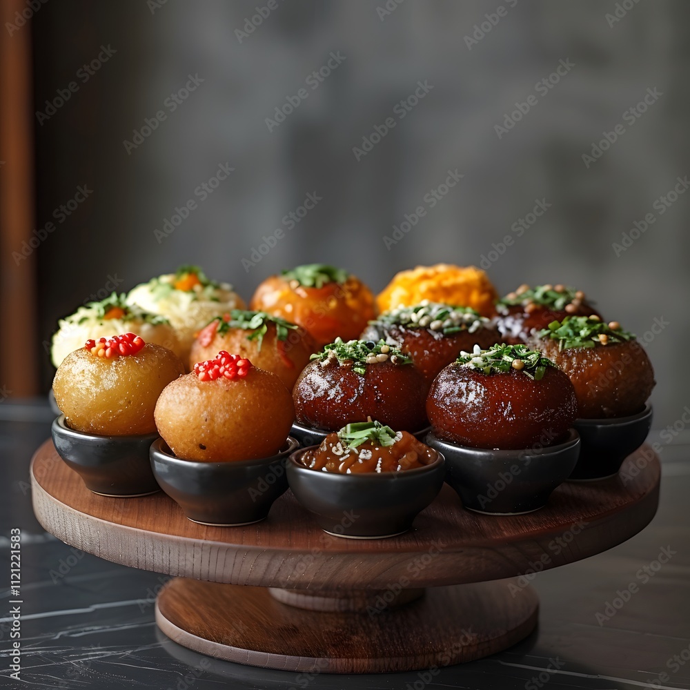 Platter of gulab jamun with a variety of toppings and fillings styled with a modern Indian dessert table setup against a chic gray background with a minimalist aesthetic Platter of gulab jamun with a variety of toppings and fillings styled with a modern Indian dessert table setup against a chic gray background with a minimalist aesthetic