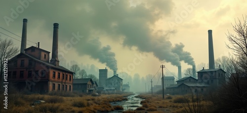 Fototapeta Naklejka Na Ścianę i Meble -  Abandoned town shows old buildings with steam punk factory background. Smoke comes from factory chimneys. Small stream runs through middle of town. Gray sky suggests sunset early morning. Vintage