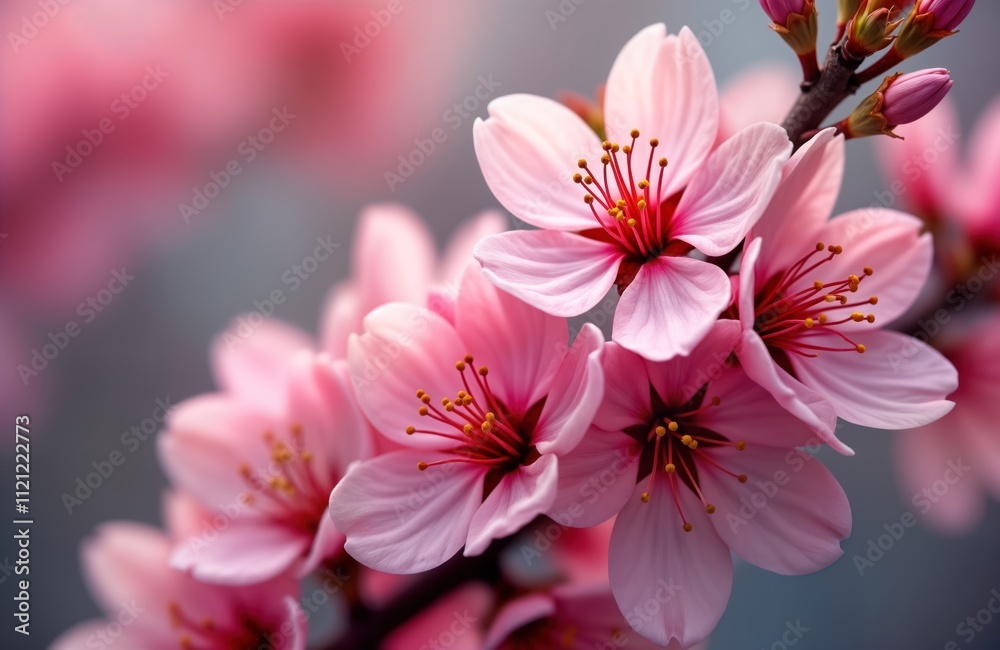 Close-up view of blooming cherry blossom flowers. Delicate pink blossoms in full bloom on branch. Soft light highlights petals, stamens. Natural spring scene. Beautiful floral design. Soft pastel Close-up view of blooming cherry blossom flowers. Delicate pink blossoms in full bloom on branch. Soft light highlights petals, stamens. Natural spring scene. Beautiful floral design. Soft pastel