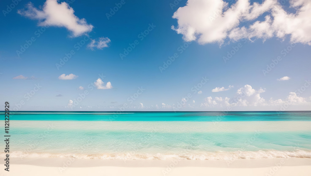 Fototapeta premium serene tropical beach with turquoise water, white sand, and cloud dotted blue sky