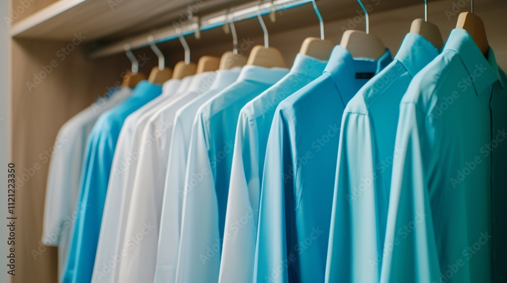 Shirts neatly arranged in a wardrobe, showcasing various shades of blue and white.