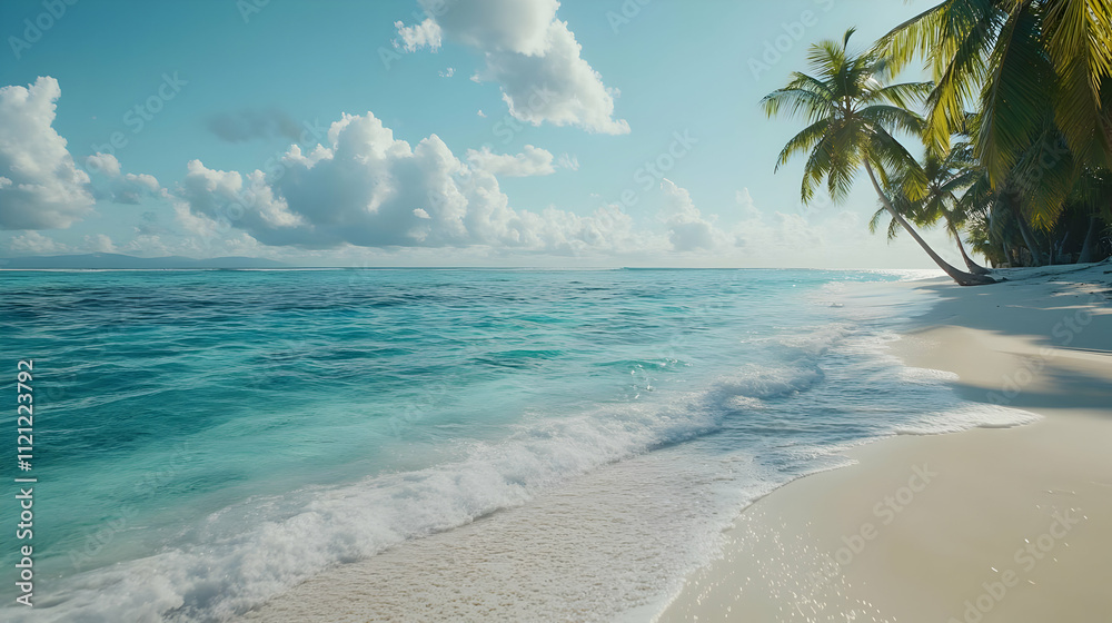 Fototapeta premium Tropical Beach with Palm Trees and Blue Ocean 3D Illustration
