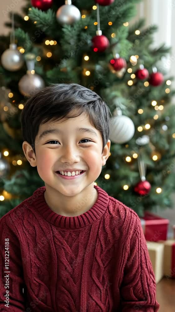 Smiling boy in a cozy sweater celebrating the holiday season near a decorated Christmas tree Smiling boy in a cozy sweater celebrating the holiday season near a decorated Christmas tree