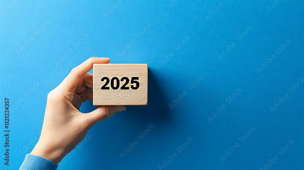 A hand holding a wooden block with '2025' on it against a blue background. A hand holding a wooden block with '2025' on it against a blue background.