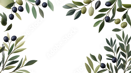 This high-resolution image features a frame made of olive branches with leaves and olives. The image highlights the delicate beauty and symbolic meaning of olive branches