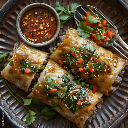 Premium beef pratha roll served with a side of sweet chili sauce on a luxurious Asianthemed plate styled with a vintage fork and a sprig of cilantro photo