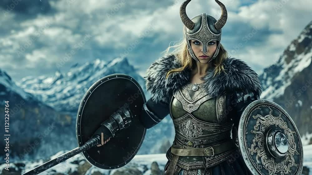 Female Viking warrior with dual shields in snowy battlefield  
